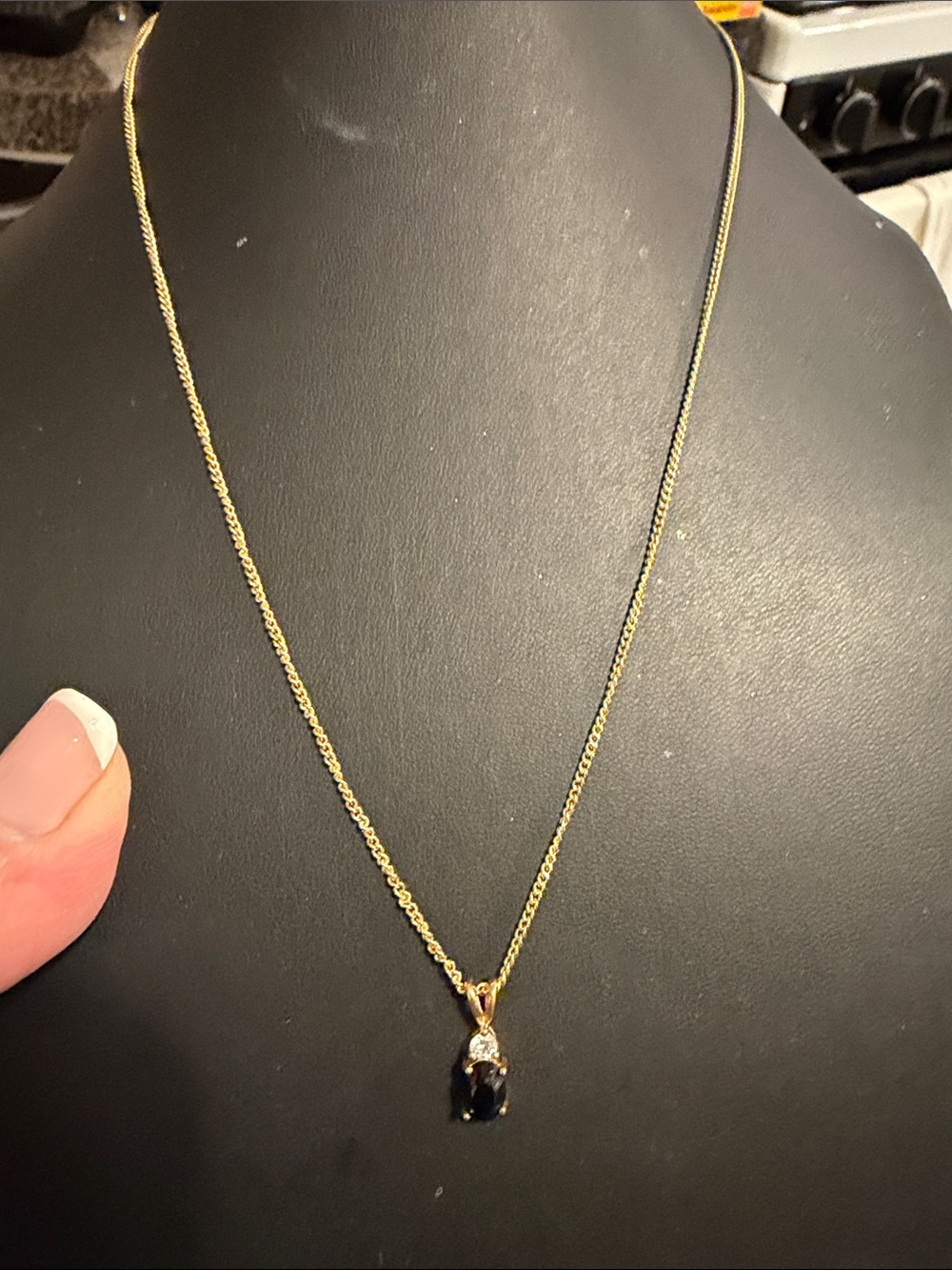 Gold Necklace wBlack Stone Pendant - Elegant 18” tested quartz or glass